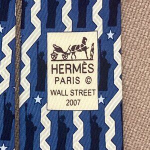 RARE LTD. RARE HERMES TIE ~ BLUE & WHITE w/ STATUE OF LIBERTY NEW YORK CITY XL